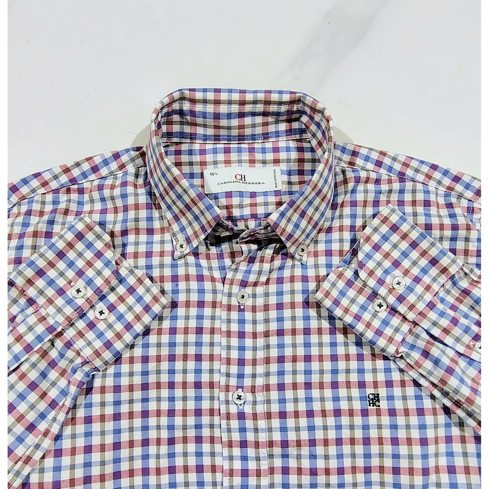Carolina Herrera Men's Shirt Button Down Size 15 1/2 Cotton Plaid Multicolor M - Picture 1 of 13
